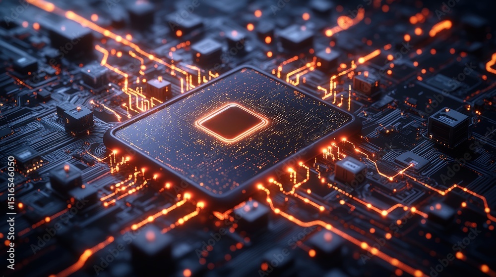Poster futuristic microprocessor chip with glowing electronic circuits and advanced technology network