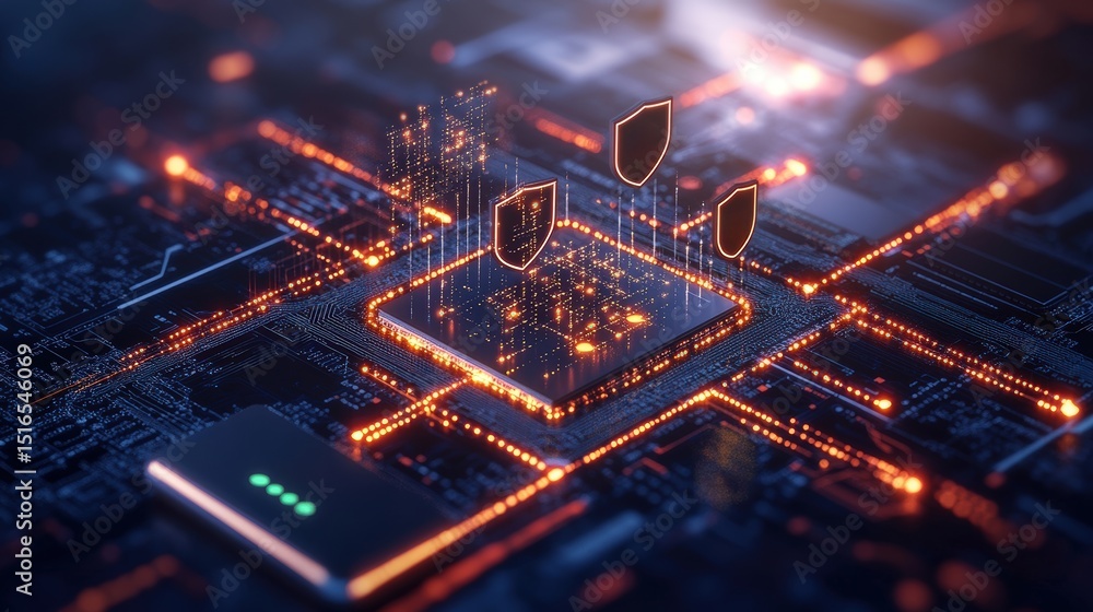 Aufkleber futuristic digital secure shield icons over holographic circuit board with glowing data lines and te