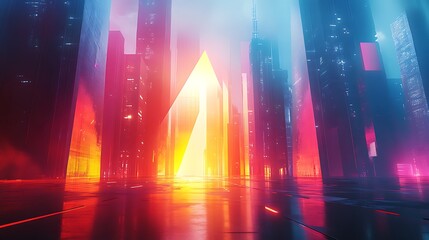 Futuristic cityscape with radiant triangular light, showcasing innovative digital architecture