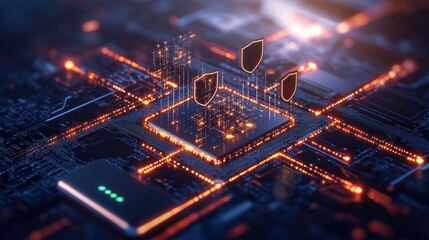 Futuristic digital secure shield icons over holographic circuit board with glowing data lines and technology theme