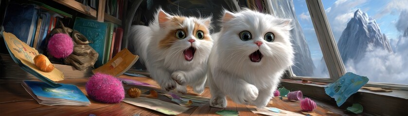 Exciting cats playing in a cozy room indoor scene whimsical environment fun viewpoint