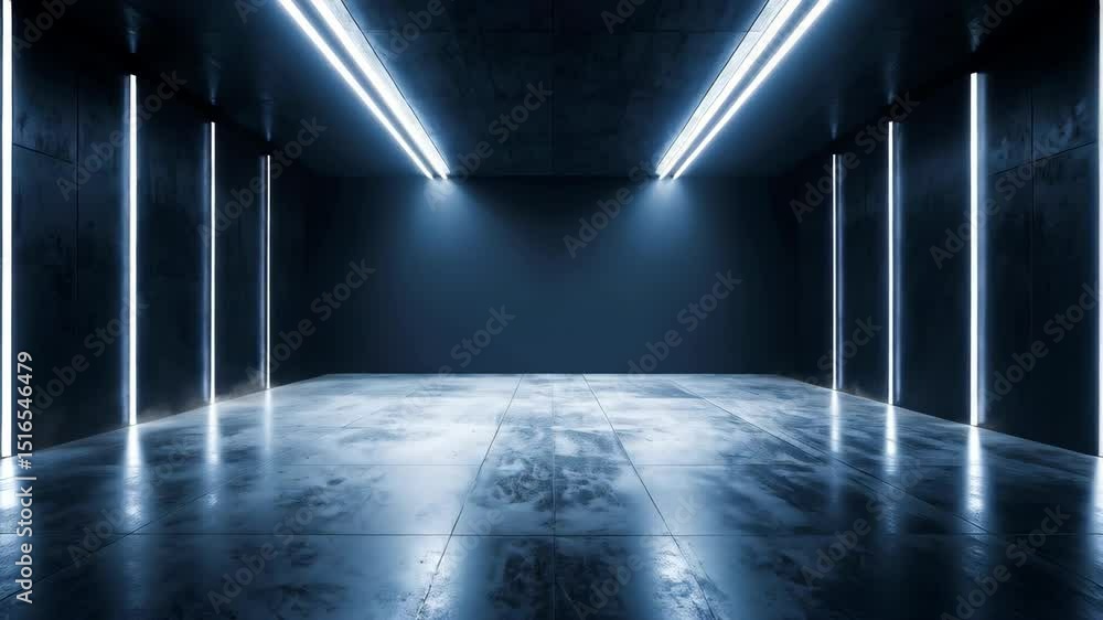 Poster abstract concrete hall with glowing vertical lights and fog, creating a modern and futuristic archit
