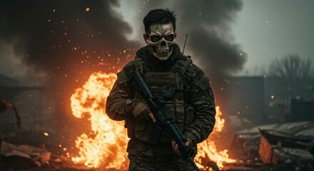 Grim warrior with a skull mask, holding a weapon, standing amidst a fiery warzone, flames engulfing the background