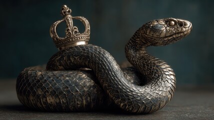 Fototapeta premium Crowned Snake Figurine on Dark Background with Textured Surface