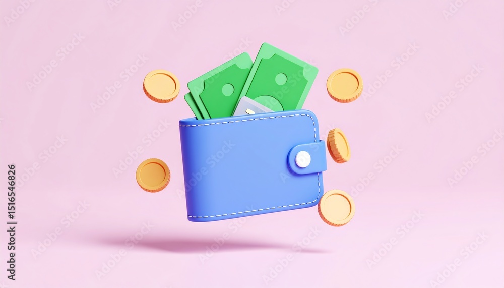 Poster a stylish wallet with money and coins overflowing from it representing cashback and financial abunda