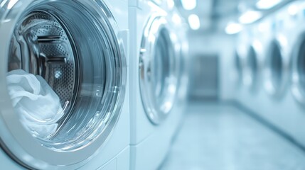 A clean and modern laundromat featuring sleek washing machines in bright white, offering convenience and efficiency for everyday laundry tasks in a vibrant atmosphere.