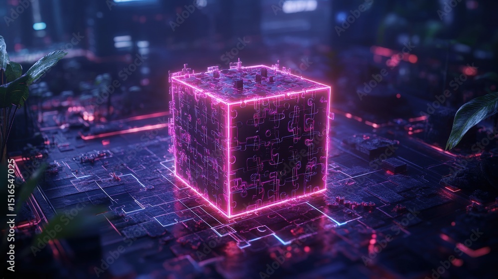 Aufkleber futuristic neon illuminated cube with digital circuitry floating above circuit board in cyber city s