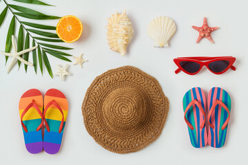 Mediterranean summer vacation concept with straw hat, flip flops seashells and palm tree leaf  on white background. Top view, flat lay