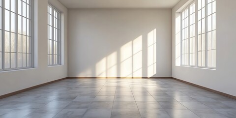 Fototapeta premium Bright, empty room with large windows and sunlight streaming in. Minimalist interior design.