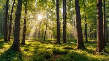 Fototapeta premium Sunlit Forest: A Serene Impressionist Scene of Sunlight and Trees