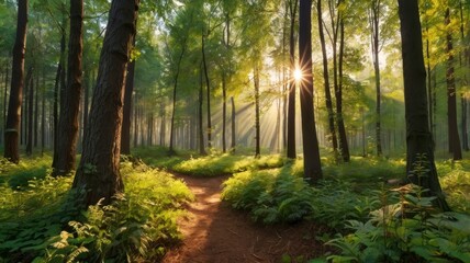 Sunlit Forest Path: A Serene and Dreamlike Landscape