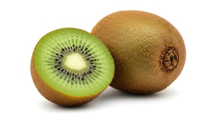 Fototapeta premium Juicy Kiwi Fruit: Half and Whole, Vibrant Green and Brown Hues