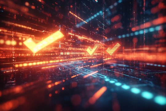 Digital Checkmarks Futuristic Technology Abstract Background Orange Blue Art Neon Data Code Glow     - Powered by Adobe