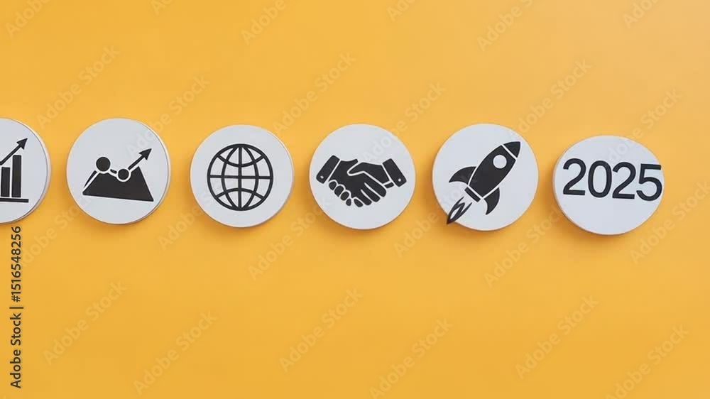 Poster hand placing a round icon with the year on a yellow background next to other business icons