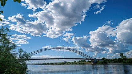 Fototapeta premium Iconic Bridge Landscape with River Views and Dynamic Blue Cloudy Sky – Modern Structure, Cloud Formations – Ideal for Travel Visuals, Graphic Design, Landscape Photography