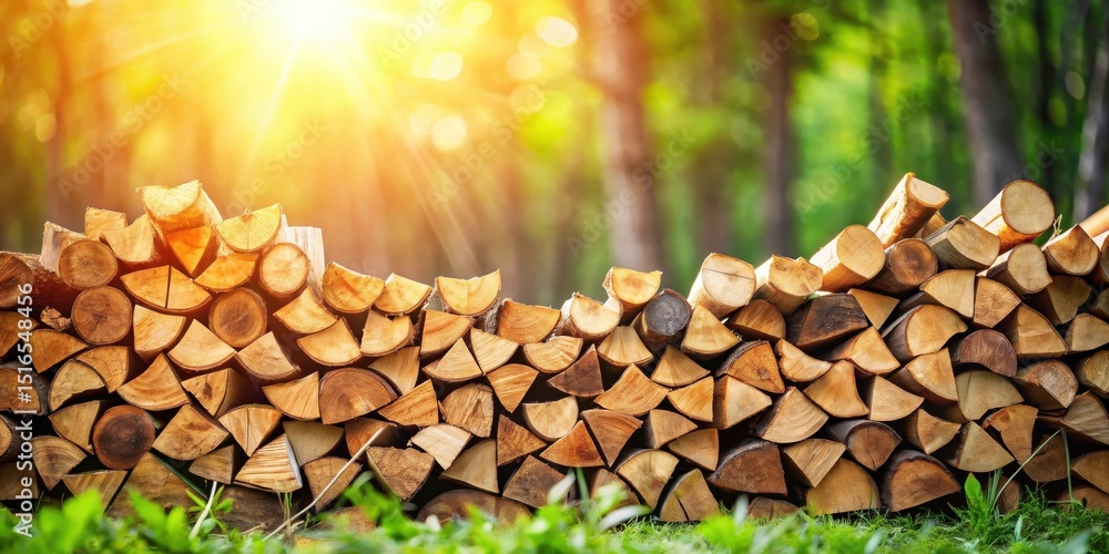 Poster warm sunlight illuminates a neat stack of firewood in a lush green forest setting