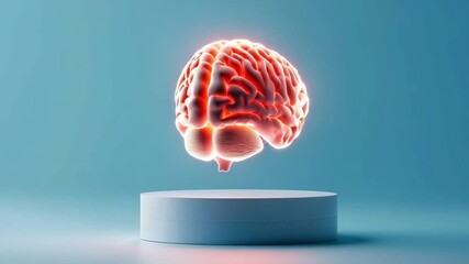Glowing human brain floating above round pedestal, illuminated with vibrant red and orange light, symbolizing intelligence, creativity, and innovation glowing human brain illustration with neural - Powered by Adobe