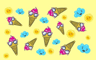 ice cream seamless pattern. Summer Ice Cream Pattern: A playful and colorful repeating pattern featuring ice cream cones, ice cream bars, and cartoon clouds, perfect for summer-themed designs.