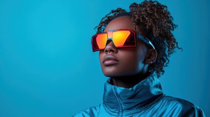 A stylish model poses confidently against a vibrant blue background, wearing bold sunglasses that reflect artful designs, embodying contemporary fashion and individuality.