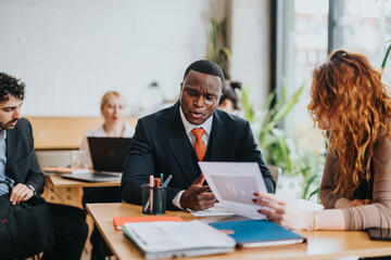 Fototapeta premium Group of people collaborating in a co-working space discussing documents and ideas. The setting features a rustic decor and a modern ethos, emphasizing teamwork, strategy, and communication.