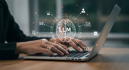 LLM large language model Harnessing AI Power, Large Language Model Data Integration, Businessman using laptop computer for training and instructing AI