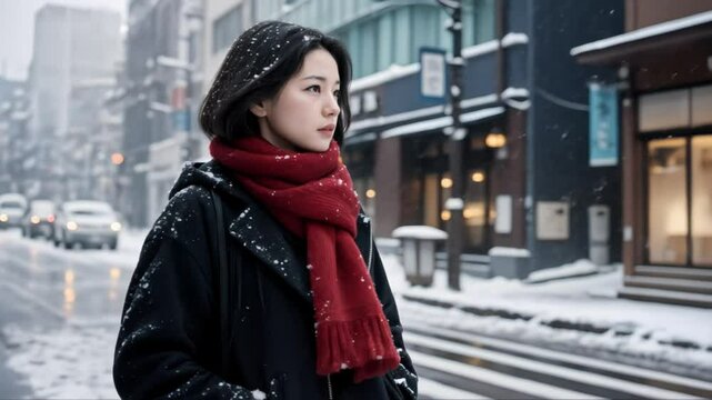 Chica Japonesa camina por una ciudad con nieve