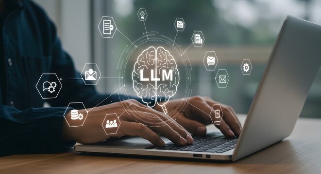 LLM large language model Harnessing AI Power, Large Language Model Data Integration, Businessman using laptop computer for training and instructing AI