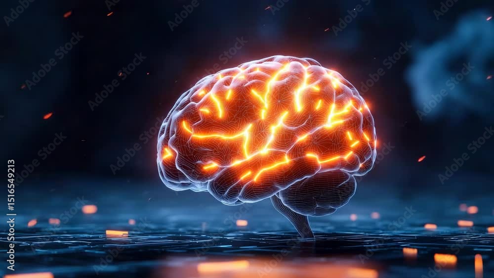 Poster glowing human brain with neural network connections and illuminated neural pathways, futuristic arti