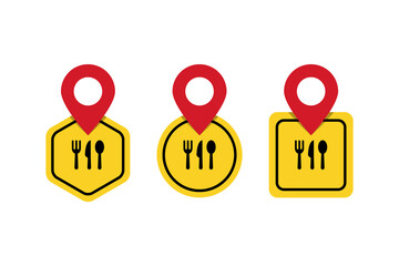 Set of cafeteria and restaurants location sign. Fork spoon and knife eatery sign with pinpoint.