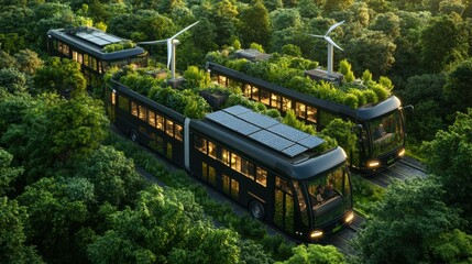 Naklejka premium Eco friendly autonomous electric buses traveling through dense green forest surrounded by tall trees and lush vegetation