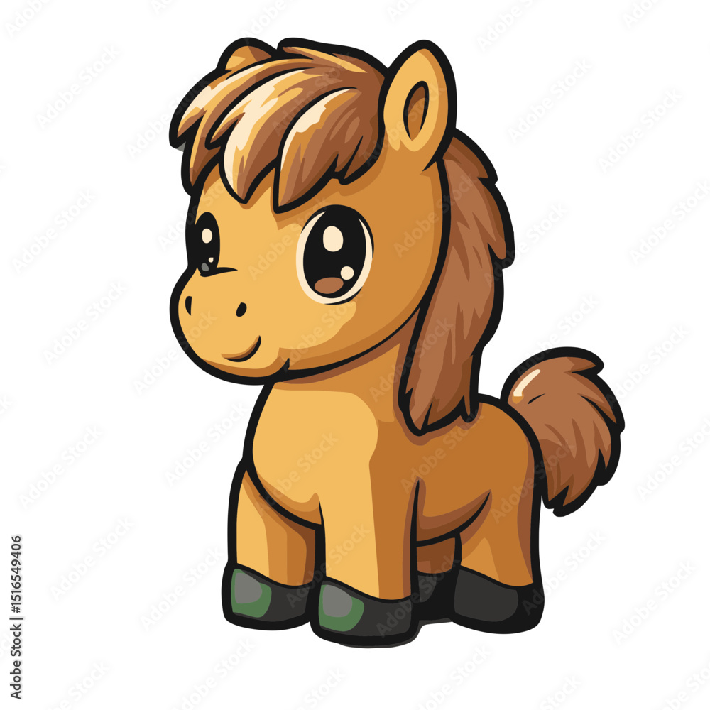 Poster cute cartoon pony icon featuring a smiling expression and simple flat design for fun graphic use