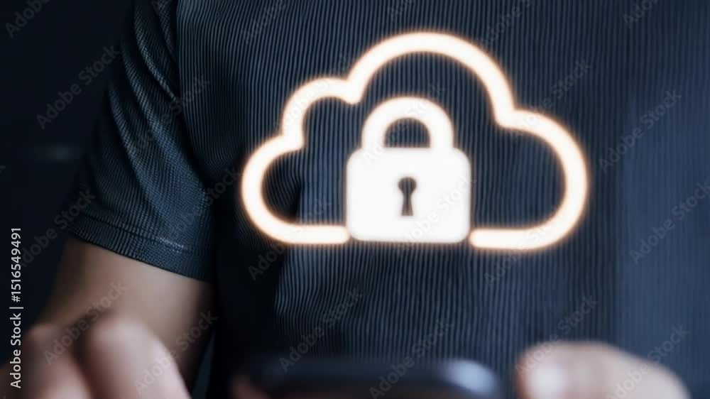 Fototapete Person using a phone with a cloud and padlock overlay and binary code in the background