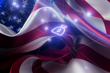 A USA flag with a lot of stars and a lot of business icons