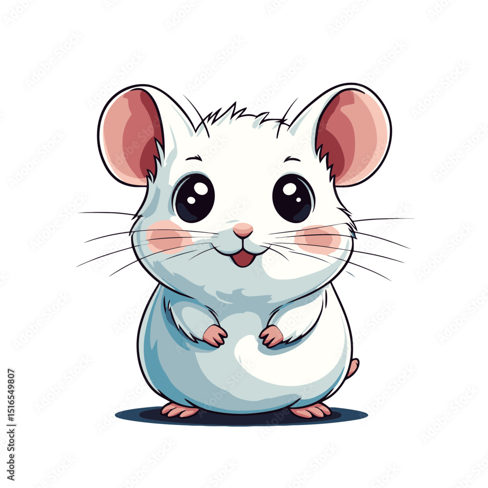 Poster cute lab rat cartoon icon featuring a smiling character with big eyes and a fluffy tail in a simple 