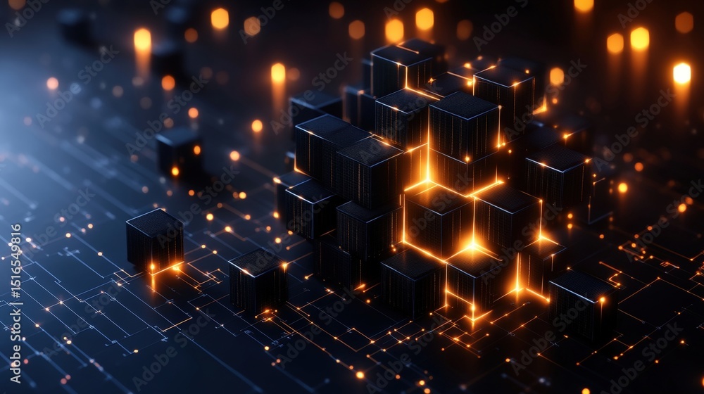 Poster futuristic glowing digital blocks and data network connecting technology concept background scene
