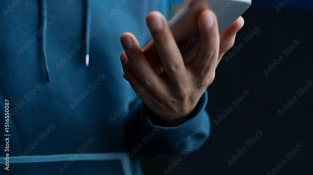 Poster person in blue hoodie using smartphone with glowing five star rating and smiley face display