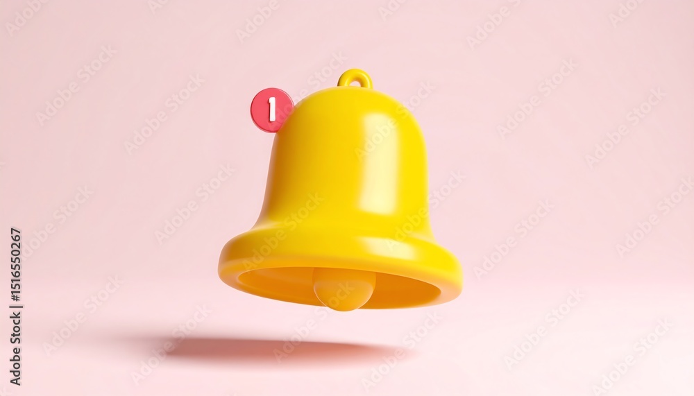 Poster bright and cheerful 3d rendering of a singular yellow notification bell with a minimalistic social m