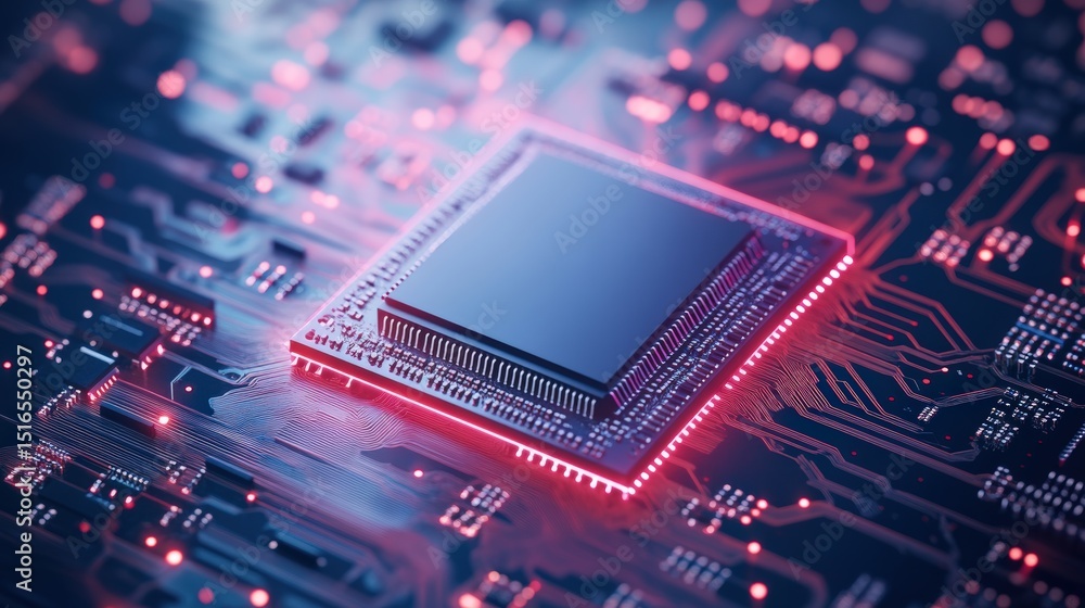 Poster close-up of a microchip integrated circuit on a printed circuit board digital technology concept