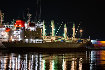 Obraz premium 夜の港と停泊中の貨物船