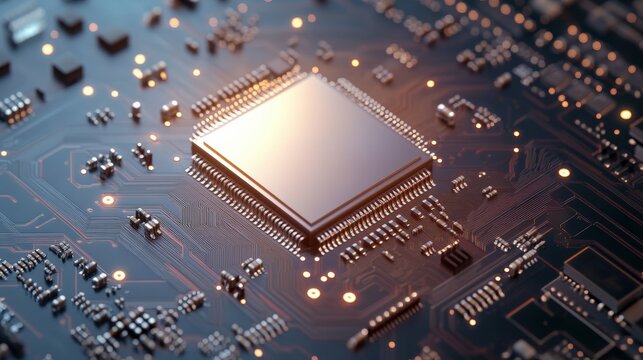 Close-up of a modern computer microprocessor chip on a sleek circuit board with glowing electronic components and intricate pathways