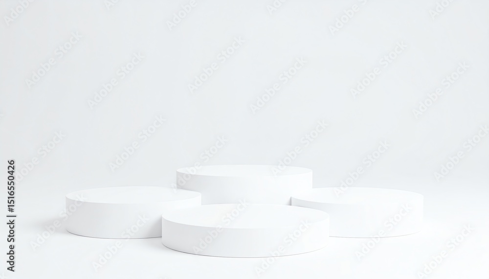 Poster contemporary 3d rendering of three white round tables set against a clean white background with geom