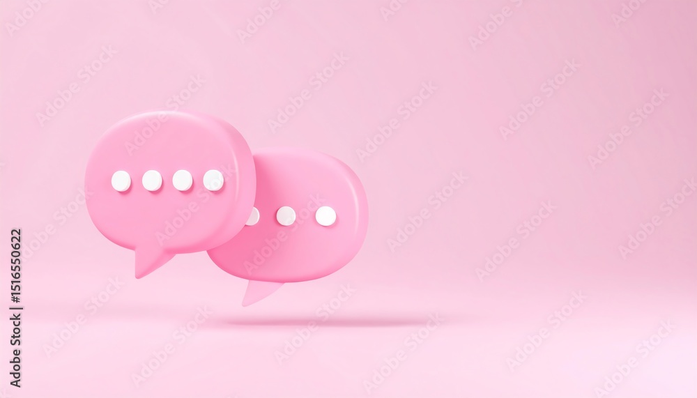 Poster vibrant 3d rendering of two pink speech bubbles representing online communication on a soft pink bac