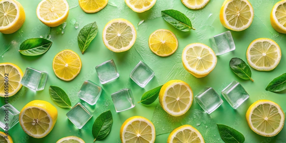 Poster refreshing citrus and ice cubes arranged on a green background a vibrant summer still life