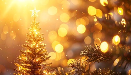 Golden Christmas tree in bokeh lights