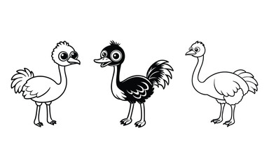 Funny cartoon ostrich and chicken illustration with farm birds and nature elements.