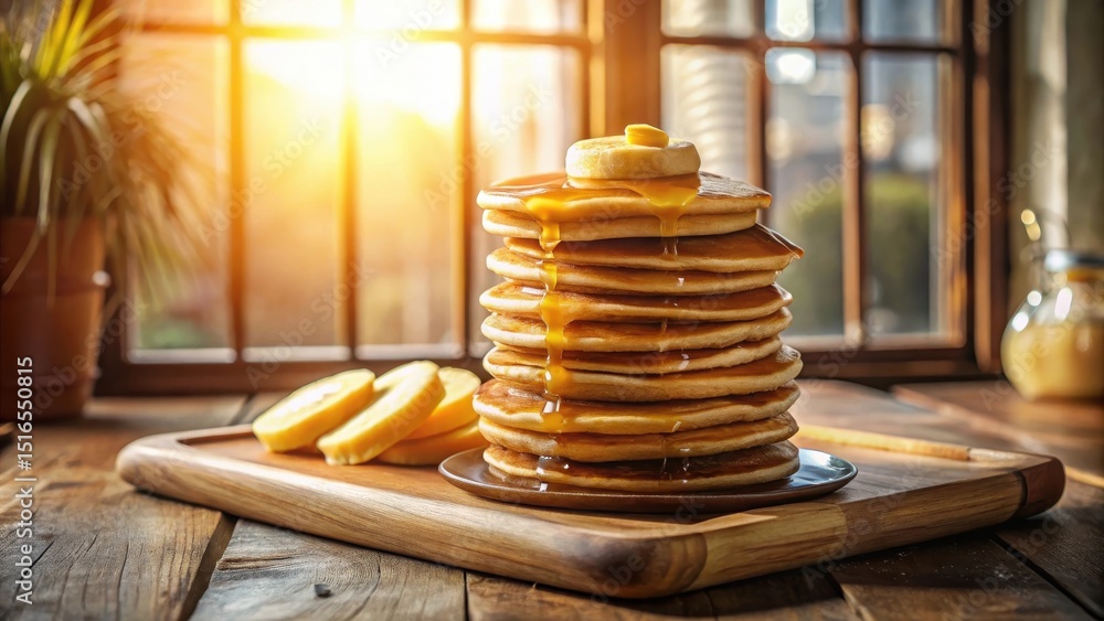 Poster golden syrup drizzled pancakes stacked high on rustic wooden board by window with slices of fruit