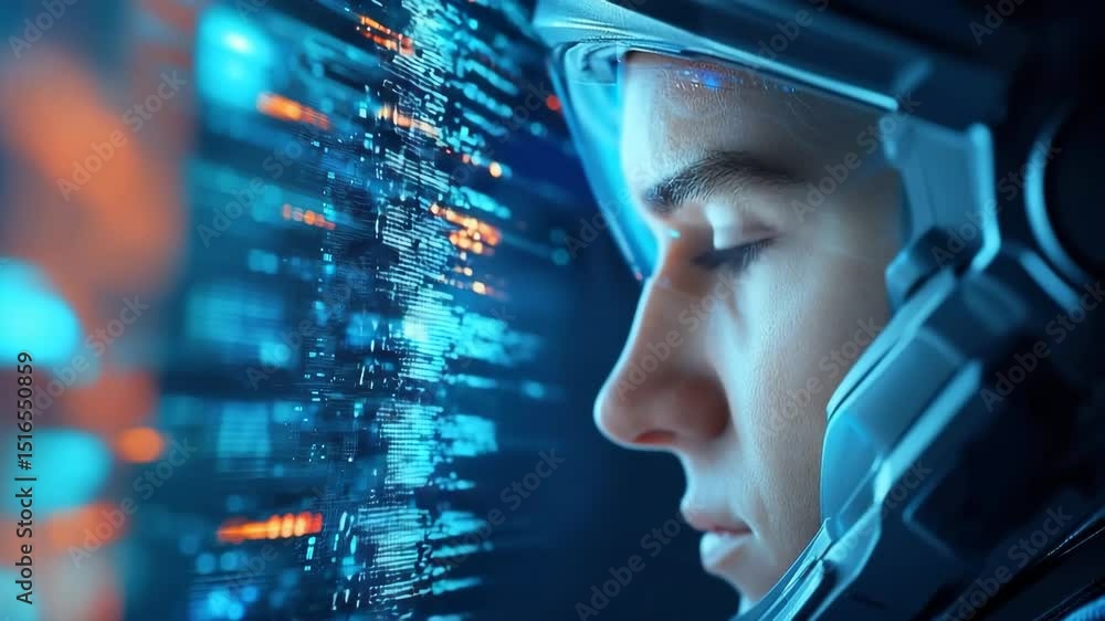Poster young astronaut in futuristic helmet intently studying digital data and code on transparent screen, 