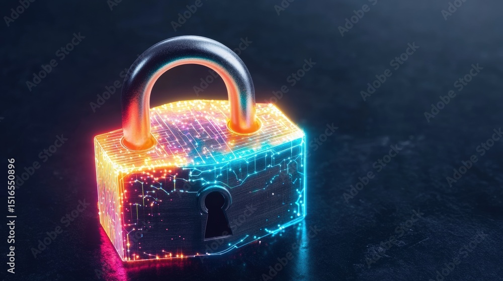 Poster vibrant digital lock encryption concept with bright neon colors and technological data security repr