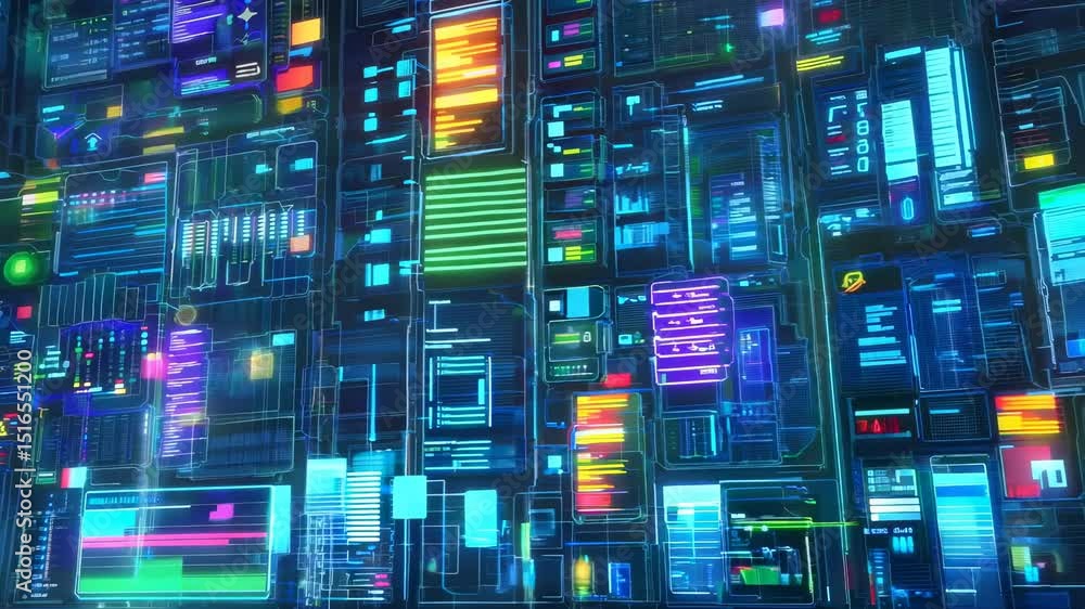 Aufkleber abstract technological background with glowing digital panels, multicolor screens displaying complex