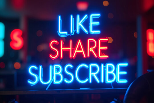 glowing neon like share subscribe sign with festive bokeh lights